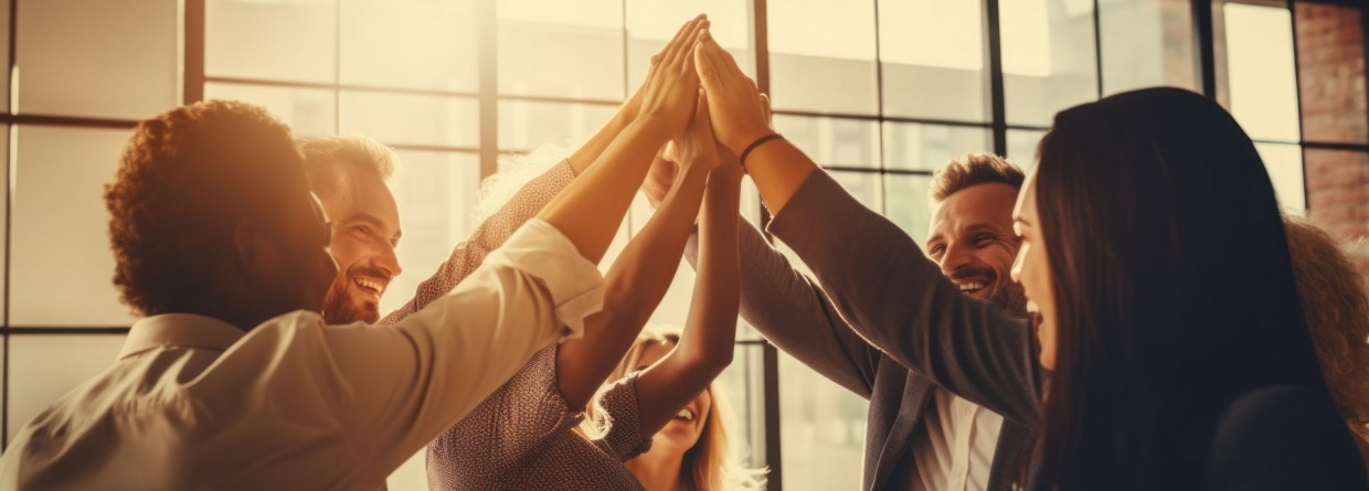 Een groep werkende mensen die de handen tegen elkaar aan slaat als symbool van samenwerking